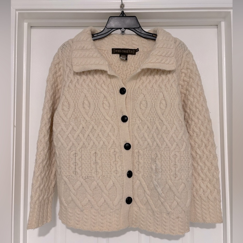 Inis Crafts cable merino wool cardigan sweater sz M EUC LN Made in Ireland